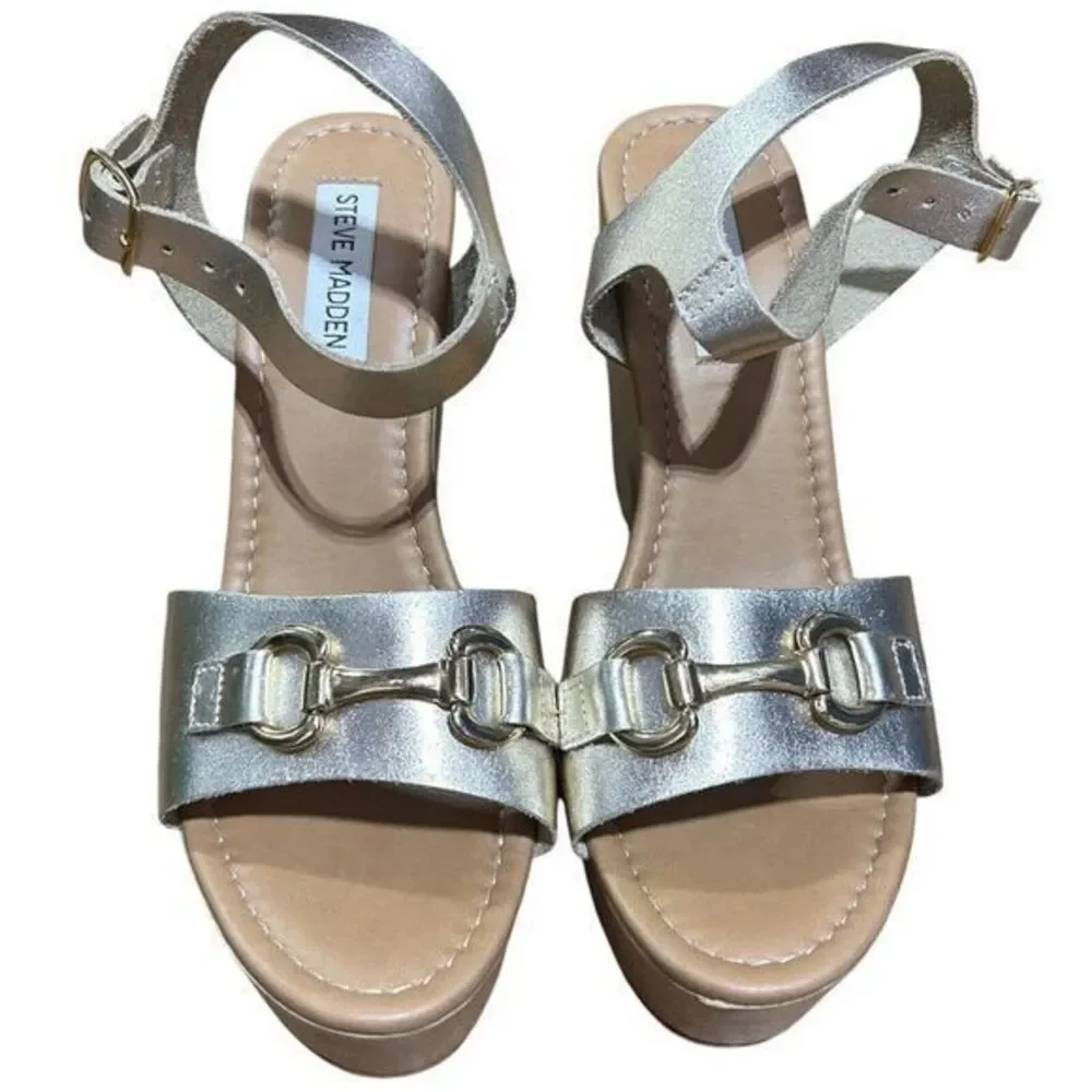 Steve Madden Women's Buckle Bit Ankle Strap Wedge‎ Heel Sandals Silver Size 7